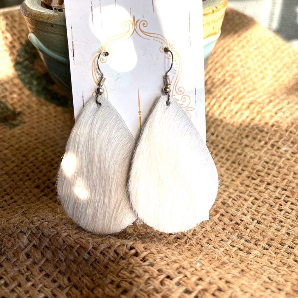 White Faux Hair Teardrop Earrings